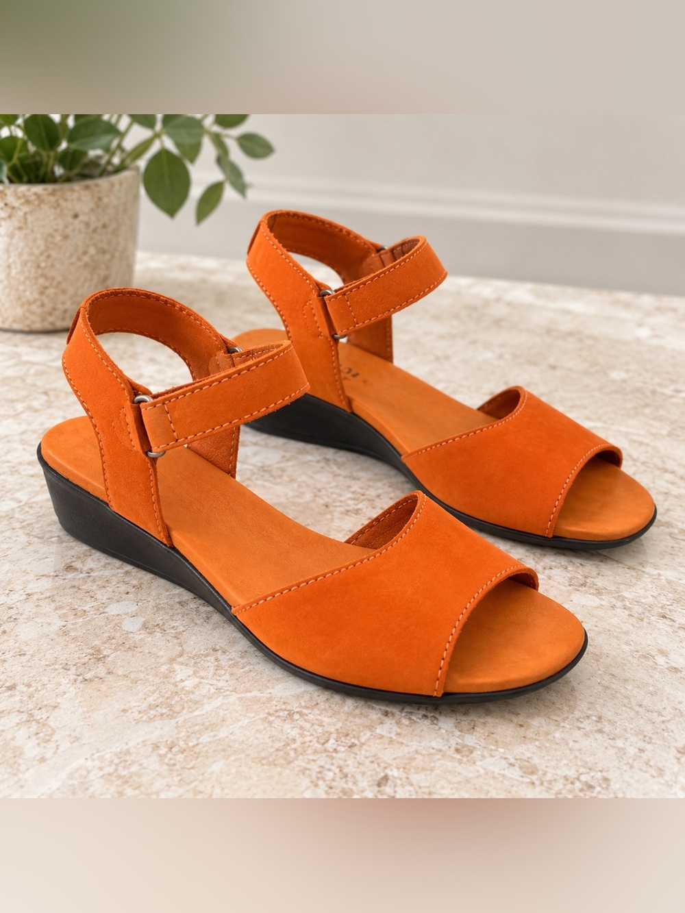 Arche Orange Cognac Nubuck Leather Ankle Strap Wedge Sandals France 40